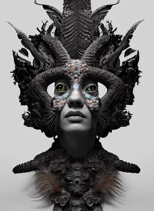 Image similar to 3 d mexican goddess medium shot portrait. beautiful intricate highly detailed quetzalcoatl mask and feathers. low - key lighting, bioluminescent, plasma, lava, ice, water, wind, creature, artwork by tooth wu and wlop and beeple and lee jeffries, 8 k trending on artstation,