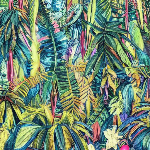 Prompt: a rainforest, lushious leaves, beautiful colors, illustration, colored pencil, concept art, digital art, cinematic, cool color palette, 8 k, hd