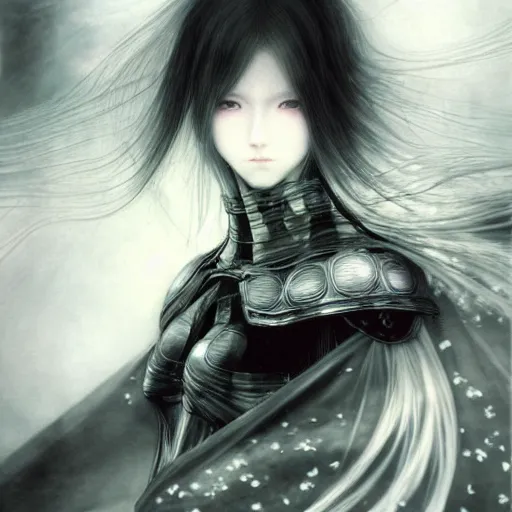 Image similar to yoshitaka amano blurred and dreamy realistic illustration of an anime girl with wavy white hair and cracks on her face wearing elden ring armour with the cape fluttering in the wind, abstract black and white patterns on the background, noisy film grain effect, highly detailed, renaissance oil painting, weird portrait angle