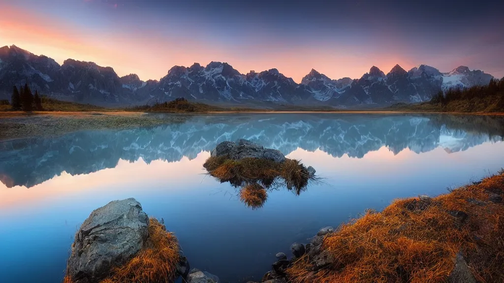 Image similar to amazing landscape photo of mountains with lake in sunset by marc adamus, beautiful dramatic lighting