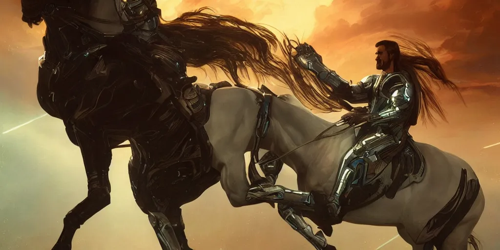 Image similar to tron legacy jesus riding cyborg horse, face, diffuse lighting, hyper realistic, concept art, intricate, hyper detailed, smooth, sharp focus, illustration, trending on artstation, art by greg rutkowski and james gurney and alphonse mucha