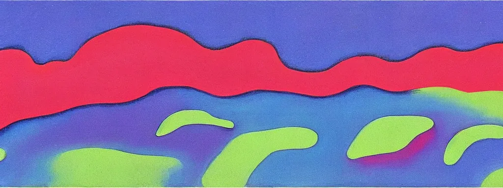 Image similar to Psychedelic sci-fi dreamworld. Landscape painting. Organic. Winding rushing water. Waves. Clouds. Peter Max. Landscape by Milton Avery.