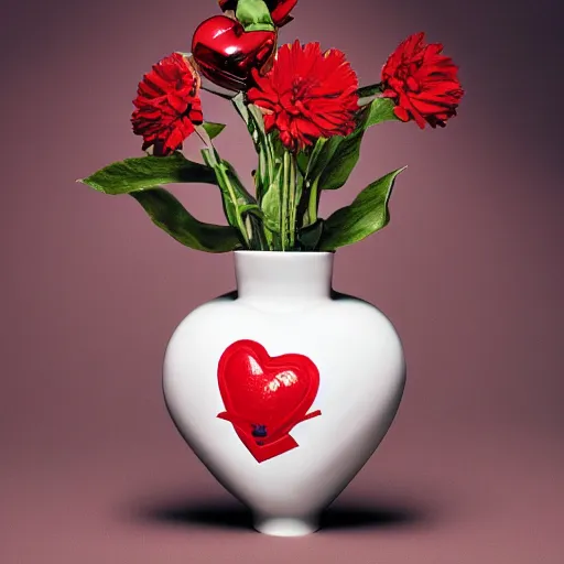 Image similar to a flower - vase in the shape of a heart with red accents designed by versace, advertising photography