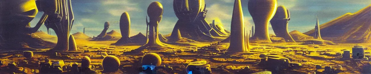 Image similar to retro sci-fi oil painting of an alien landscape with a busy spaceport