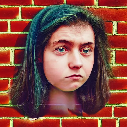 Prompt: kaleidoscopic unrealized portrait of a sad lady 2 0 years old, with brick