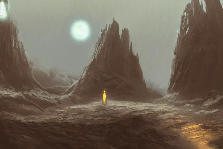 Prompt: a single distant glowing doorway opens up in an otherwise dark and desolate landscape : retrufuturistic, concept art