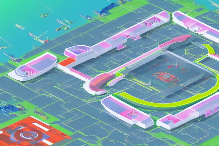 Image similar to isometric view of a futuristic high - tech sky arena inspired by modern skate parks and modern chinese playgrounds in the style of mario 3 d world, day