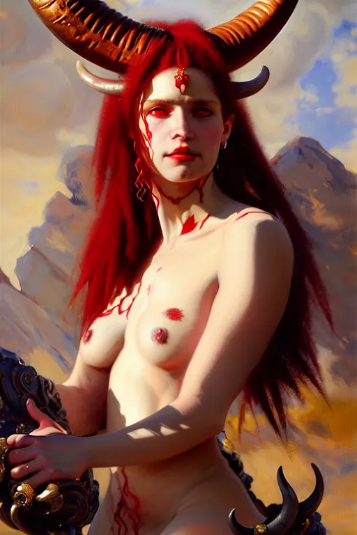 Image similar to painted close - up portrait of a attractive red - skinned intimidating demon cyborg girl with ram horns! oil painting, wearing a noblewoman's outfit, fantasy art by john singer sargent and gaston bussiere and james jean and greg rutkowski, demon noble character design, hd