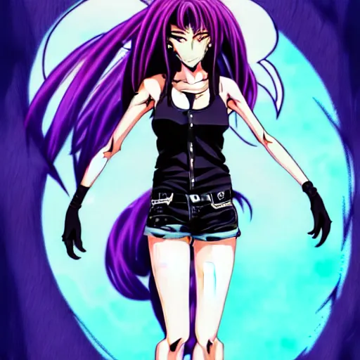 Image similar to style of madhouse studio anime, black lagoon manga, loish, artgerm, comic art, portrait of revy from black lagoon, symmetrical eyes and symmetrical face, jean shorts, white tank top, purple hair, sarcastic evil smirk on face, sky and ocean background