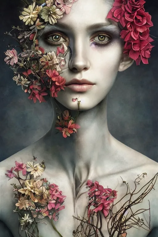 Image similar to humanoid robot, flowers growing on skin, highly detailed, expressive eyes, beautiful symmetric body, perfect proportions, highly intricate, art by tom bagshaw and alex gray