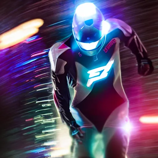 Image similar to speed, diverse lightspeed cybersuits, from behind, motion blur, bokeh, wide wide angle, vivid, elaborate, highly detailed, beautiful lighting