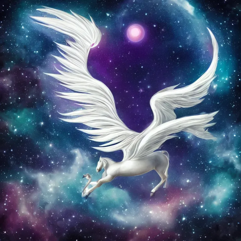 Prompt: beautiful mythical Pegasus flying through the cosmos