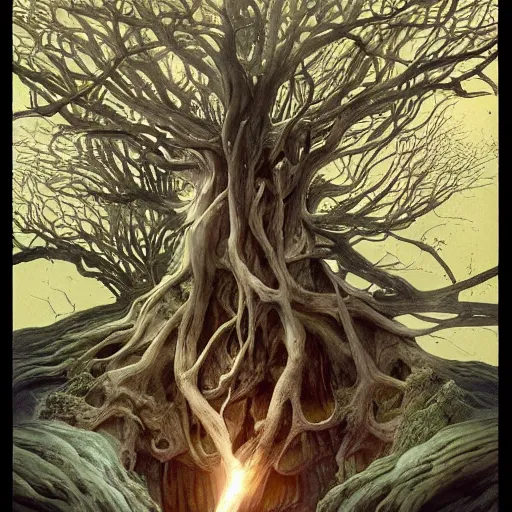 Image similar to Yggdrasill The World Tree, physically accurate, very dramatic dynamic lighting, intricate, very very elegant, highly detailed, digital painting, artstation, very hyperrealistic, Hieronymus Bosch, Francis Bacon, concept art, smooth, sharp focus, illustration, art by artgerm and greg rutkowski and alphonse mucha, highly detailed, fullbody, artstation, dark fantasy, concept art, smooth, sharp focus, illustration, orientalism and bouguereau and Zdzislaw Beksinski, good clear quality, lighting, biology, symmetrical artwork, perfect face, 135 mm, cinematic, hyper realism, high detail, octane render, 8k, chrome accents