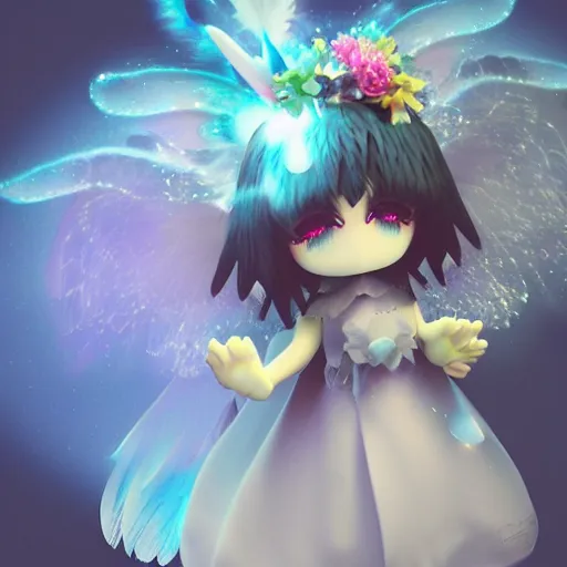 Prompt: cute fumo plush of a divine angel, gothic maiden, ribbons and flowers, ruffled wings, feathers raining, particle simulation, clouds, vray, outline glow lens flare burning sun, fallen angel