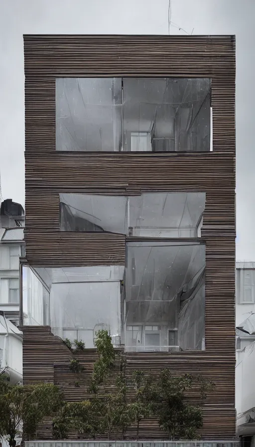 Prompt: exterior shot of a contemporary minimalistic 2 floors greenhouse architecture in a city block, with a transparent facade made in wood textile, front view, creepy , overcast, highly detailed, iwan baan