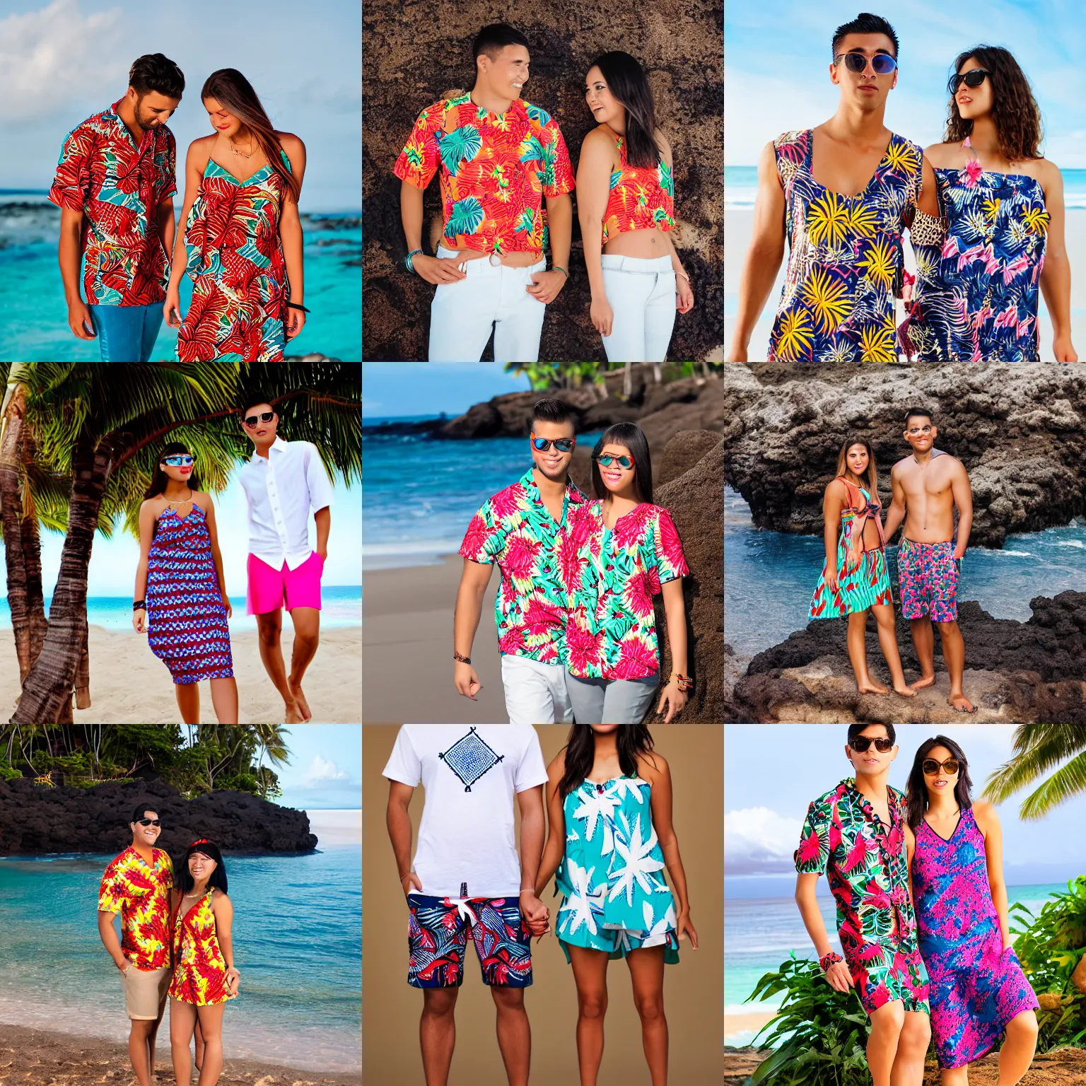 Prompt: his and hers matching resortwear, ugliest hawaiian print, attractive young couple, fashion product photography