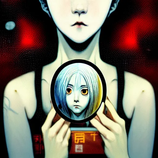 Image similar to yoshitaka amano blurred and dreamy three quarter angle oil portrait of a young woman with white hair and black eyes wearing dress suit with tie, playstation 2 horror game, junji ito abstract patterns in the background, satoshi kon anime, chungking express color palette, noisy film grain effect, highly detailed, renaissance oil painting, weird portrait angle, blurred lost edges