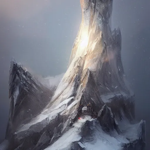 Image similar to an architectural concept of a fantasy tower in the top of a mountain, during winter with snow, trending on artstation, byeytan zana, environmental concept art & design, digital 2 d