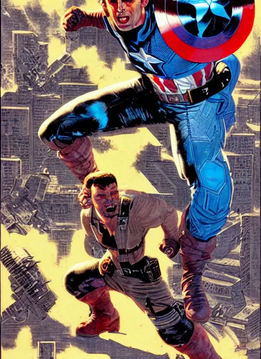 Image similar to captain america as a cyberpunk mercenary. portrait by clyde caldwell and jean giraud and anton otto fischer and john philip falter and will eisner and gil elvgren