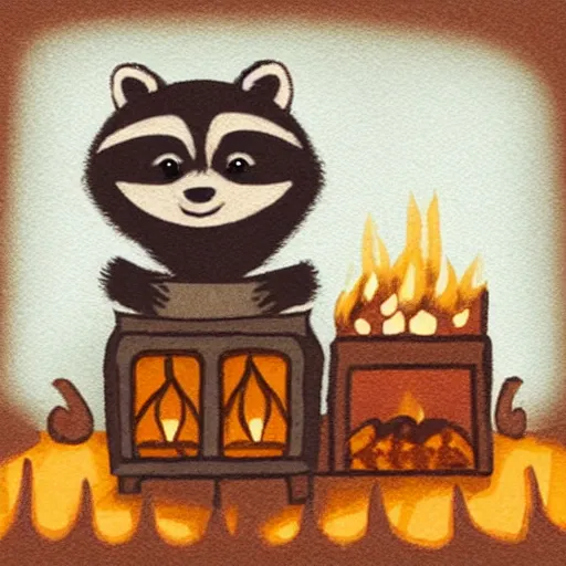 Image similar to little raccoon and sitting by a cozy fireplace with a cup of tea. warm color temperature,