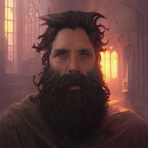 Image similar to highly detailed portrait from a gothic man with designer beard, stephen bliss, unreal engine, fantasy art by greg rutkowski, loish, rhads, ferdinand knab, makoto shinkai and lois van baarle, ilya kuvshinov, rossdraws, tom bagshaw, global illumination, radiant light, detailed and intricate environment