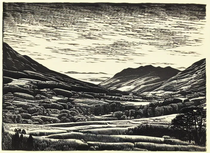 Image similar to a beautiful Wood engraving on paper of The highlands of Scotland