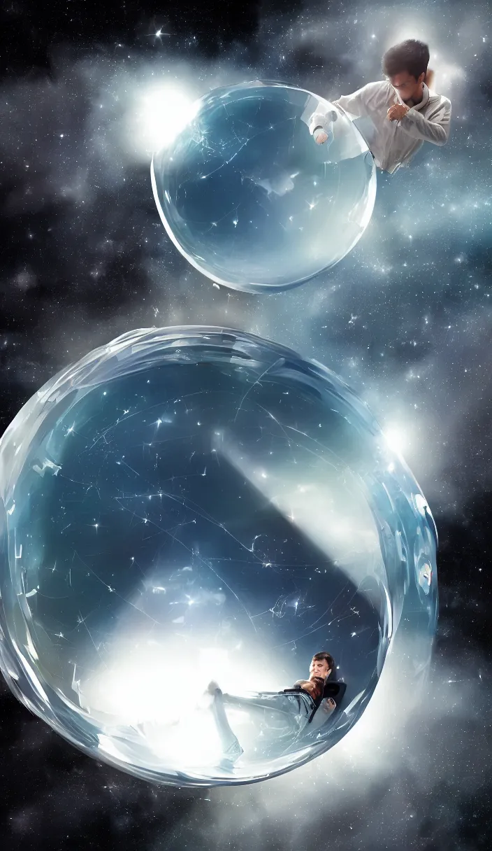 Image similar to a young man alone in one enormous transparent spherical capsule in the middle of outer space, digital art