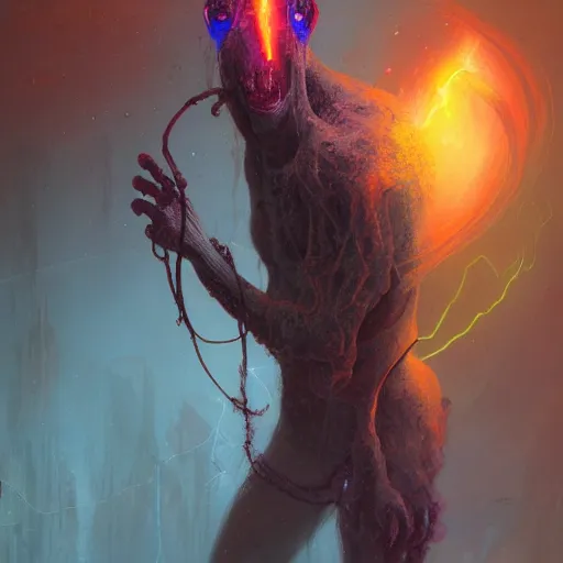 Prompt: medium shot of a weird Lovecraftian ghostly transparent yellow lightning elemental humanoid with red and blue goggles, cyberpunk concept art by pete mohrbacher and seb mckinnon and beksinski and josan gonzales, digital art, highly detailed, intricate, sci-fi, sharp focus, Trending on Artstation HQ, deviantart, unreal engine 5, 4K UHD image