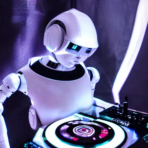 Prompt: futuristic robot dj made of white reflective plastic at a techno music club, very detailed, intricate