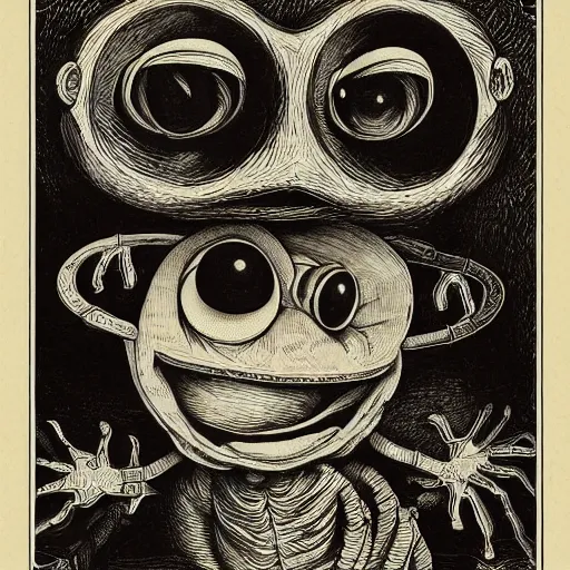 Prompt: portrait of pepe the frog by goya and escher and hogarth, illusion surreal art, highly conceptual figurative art, intricate detailed illustration, controversial poster art, polish poster art, geometrical drawings, no blur