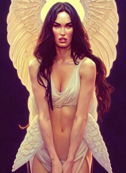 Image similar to portrait of megan fox as an blonde angel, wings, bible, intricate, headshot, highly detailed, digital painting, artstation, concept art, sharp focus, cinematic lighting, illustration, art by artgerm and greg rutkowski, alphonse mucha, cgsociety