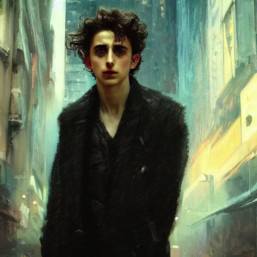 Image similar to timothee chalamet, hyperrealistic portrait, bladerunner street, art of elysium by jeremy mann and alphonse mucha, fantasy art, photo realistic, dynamic lighting, artstation, poster, volumetric lighting, very detailed face, 4 k, award winning