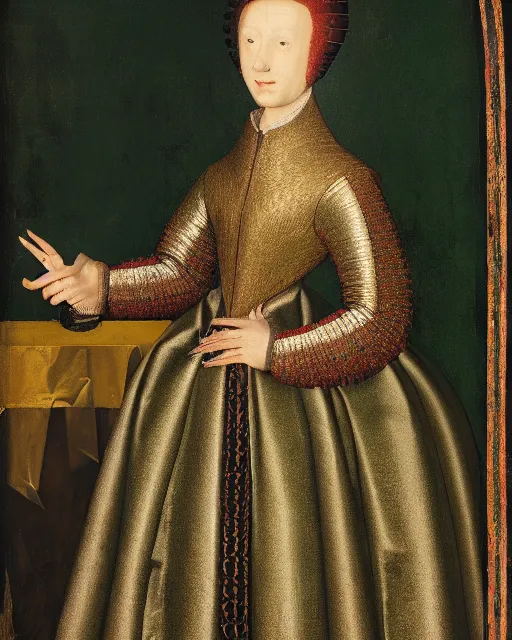 Image similar to a portrait of a woman in metallic multicolored long robes, 1 5 0 0 s, muted background