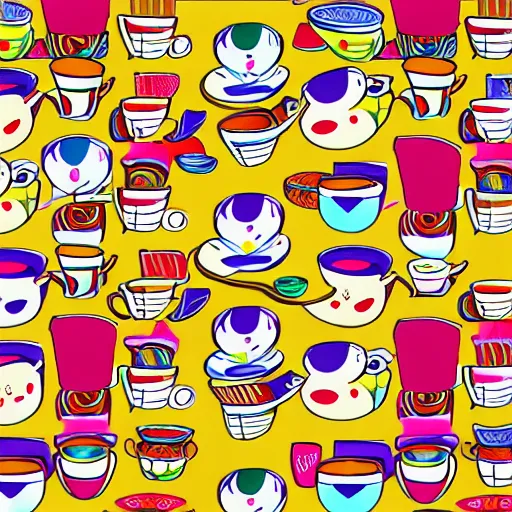 Prompt: colorful happy japanese illustration of smiling coffee cups surrounded by beautiful nature and patterns, 4 k, high detail