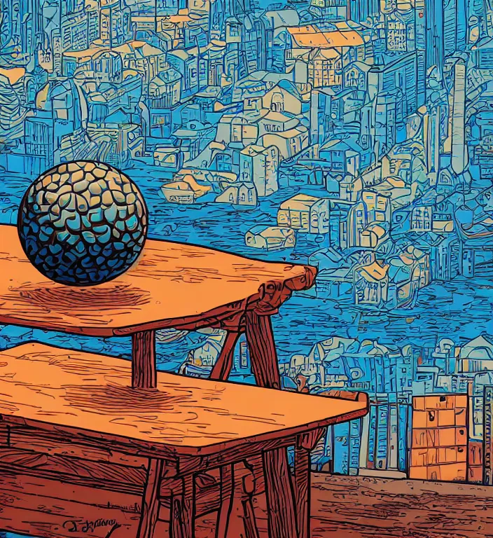 Image similar to a blue ball on a table, art by Dan Mumford