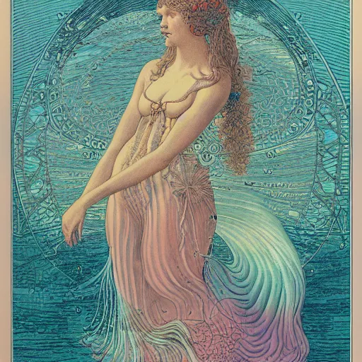 Prompt: an illustration of a woman on the sea, by moebius, by ernst haeckel, pastel colors, limited palette