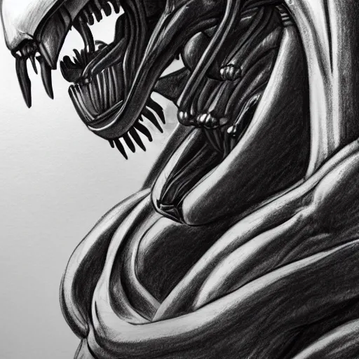 Image similar to a drawing of a xenomorph, artstation hall of fame gallery, editors choice, #1 digital painting of all time, most beautiful image ever created, emotionally evocative, greatest art ever made, lifetime achievement magnum opus masterpiece, the most amazing breathtaking image with the deepest message ever painted, a thing of beauty beyond imagination or words, 4k, highly detailed, cinematic lighting