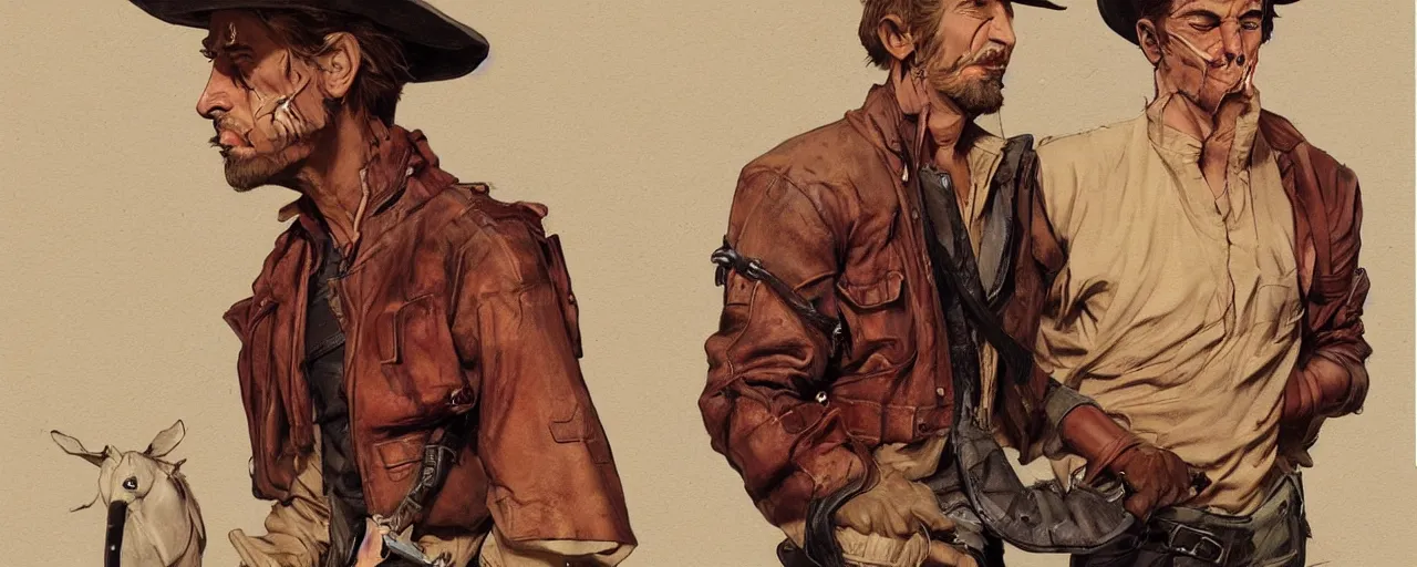 Image similar to character design, turnaround, uncropped, 40's adventurer, unshaven, optimistic, stained dirty clothing, straw hat, riding boots, red t-shirt, dusty brown bomber leather jacket, detailed, concept art, photorealistic, hyperdetailed, , art by Leyendecker and frazetta,