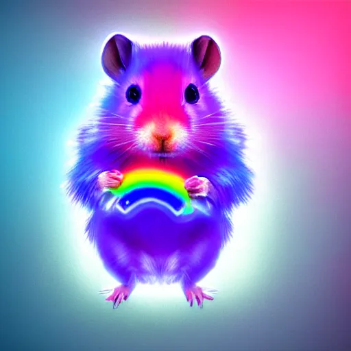 Image similar to cyberpunk hamster! holding rainbow! gem! crystal, neon lights, light reflection, 8 k, hd