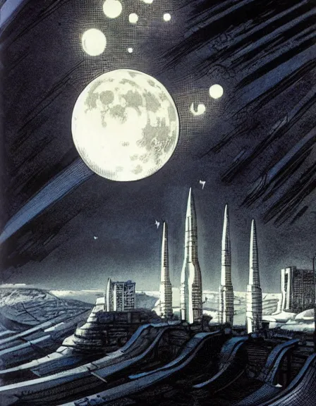 Image similar to comic book page, a city on the moon, lunar surface, black sky, planet Earth in the sky, by Francois Schuiten