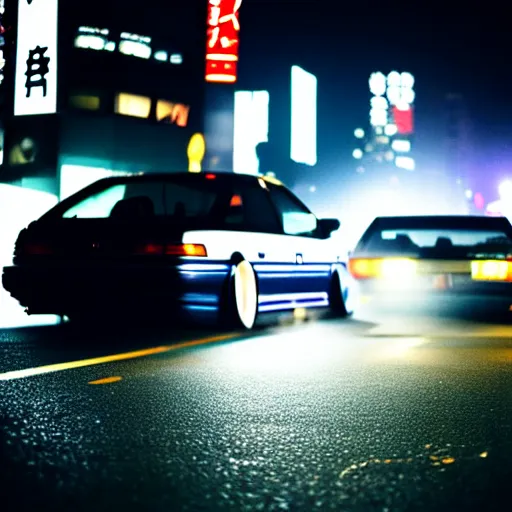 Image similar to a car JZX100 at illegal car meet, Shibuya prefecture, city midnight mist, cinematic color, photorealistic, highly detailed, 200MM