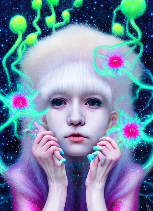 Prompt: hyper detailed 3d render like a Oil painting - kawaii portrait Aurora (white haired Singer Ferret) seen Eating of the Strangling network of yellowcake aerochrome and milky Fruit and Her delicate Hands hold of gossamer polyp blossoms bring iridescent fungal flowers whose spores black the foolish stars by Jacek Yerka, Mariusz Lewandowski, Houdini algorithmic generative render, Abstract brush strokes, Masterpiece, Edward Hopper and James Gilleard, Zdzislaw Beksinski, Mark Ryden, Wolfgang Lettl, hints of Yayoi Kasuma, octane render, 8k