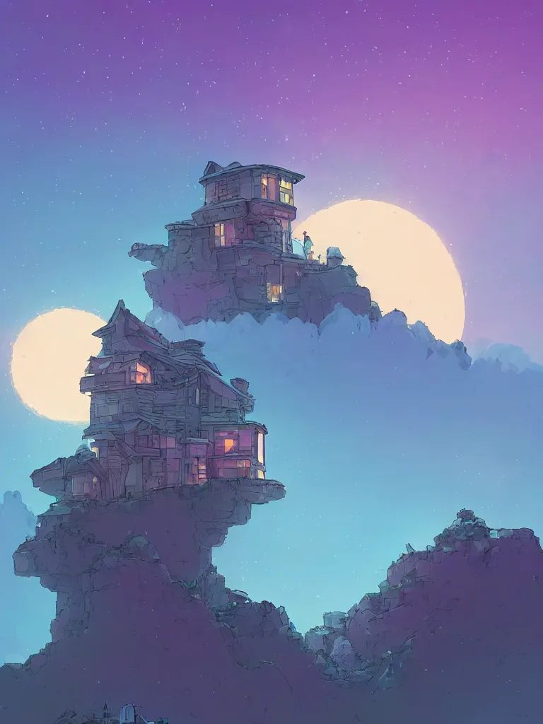 Prompt: a digital art of a small house on the cliff, a huge icy blue moon, a purple sky full of small stars, by laurie greasley, artstation, studio ghibli color scheme, light effect, highly detailed, by anton fadeev