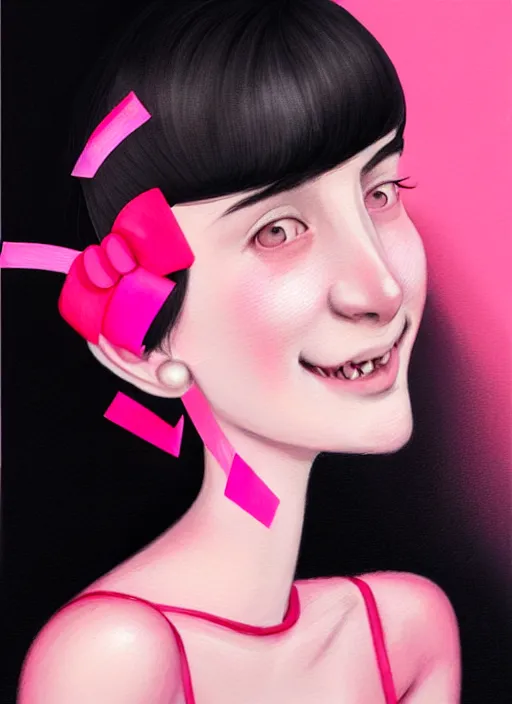 Image similar to portrait of high school girl, realistic, black hair, bangs, half updo hairstyle, pointy nose, skinny, smile, ugly, defined jawline, big chin, pink hair bow, earrings, intricate, elegant, glowing lights, highly detailed, digital painting, artstation, sharp focus, illustration, art by wlop, mars ravelo and greg rutkowski