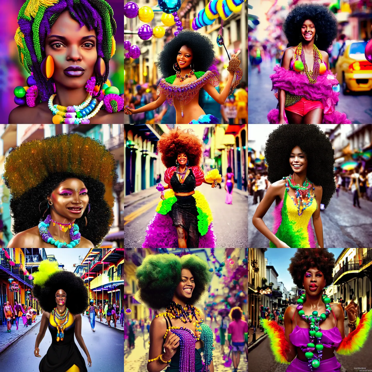 Prompt: a gorgeous and joyful afro brazilian woman walking down bourbon street during mardi gras, draped in colorful bead necklaces, long curly black hair, digital matte painting, trending on artstation, cgsociety, artgerm