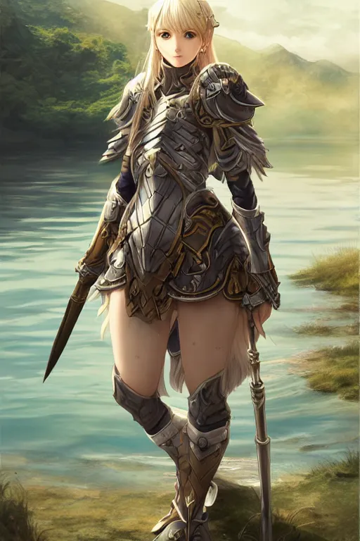 Prompt: A full body portrait of a female paladin beside a lake, blonde hair, Akihiko Yoshida, concept art, very detailed, tone mapping, matte