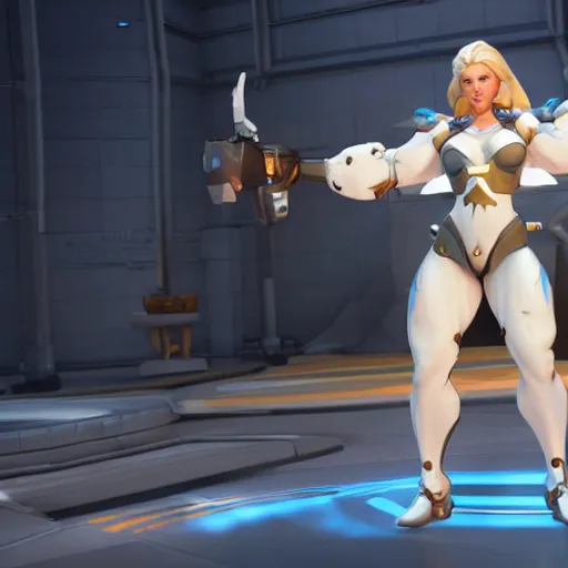 Image similar to a screenshot of arnold schwarzenegger as mercy in overwatch, full body shot