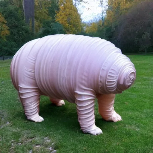 Image similar to a photo of a living dog - sized tardigrade with translucent skin walking in a park. the tardigrade evolved to be this large.