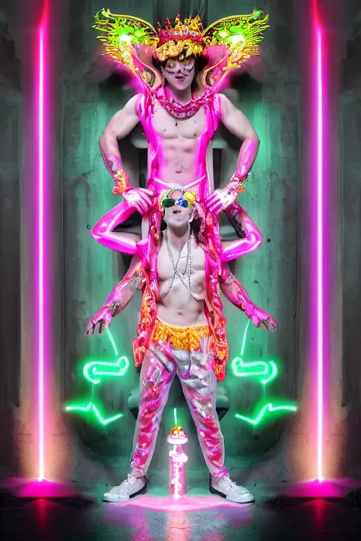 Prompt: full-body rococo and cyberpunk style neon statue of a muscular attractive Sean Mendez wearing cholo shades macho dotado e rico android sim roupa reclining con las piernas abertas e la piroca dura, ethereal white dripping tar, glowing orange lasers, pink tigers, glowing eyes, silver prince crown, black gears, pink diamonds, swirling mint-colored silk fabric. futuristic elements. full-length view. human skulls. large intricate artwork by caravaggio. Trending on artstation, octane render, cinematic lighting from the right, hyper realism, octane render, 8k, depth of field, 3D