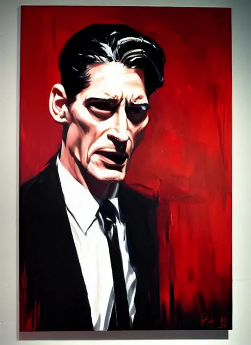 Image similar to dale cooper doppelganger, screaming, WHITE EYES!!! red curtains, painting by phil hale, 'action lines'!!!, graphic style, visible brushstrokes, motion blur, blurry